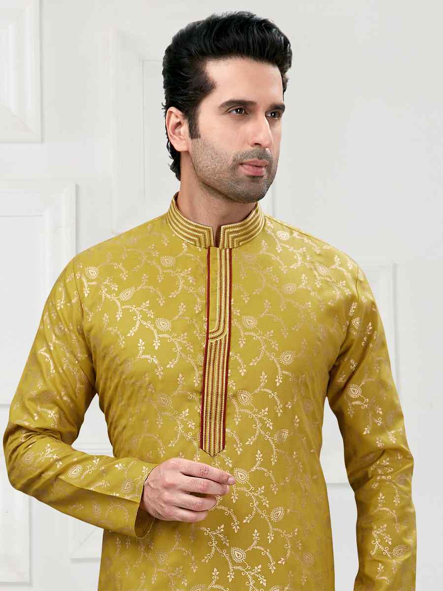 Mustard Yellow Cotton Woven Festival Wedding Kurta
