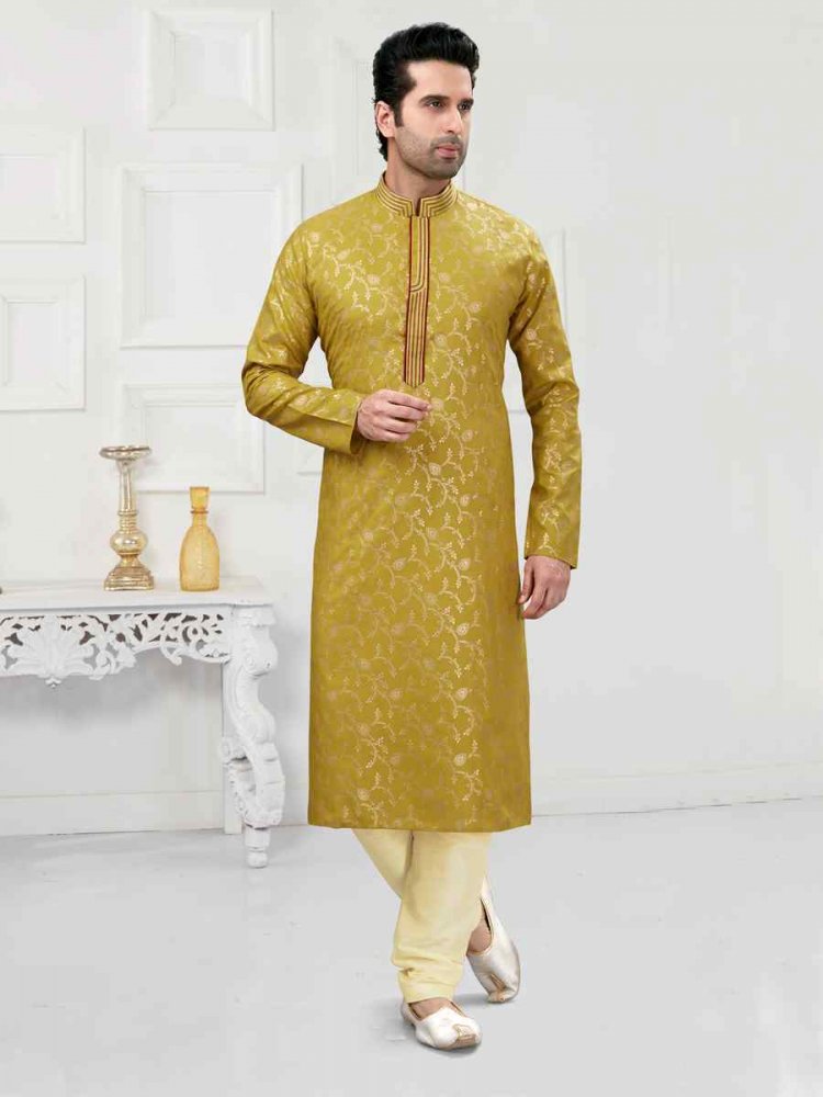 Mustard Yellow Cotton Woven Festival Wedding Kurta