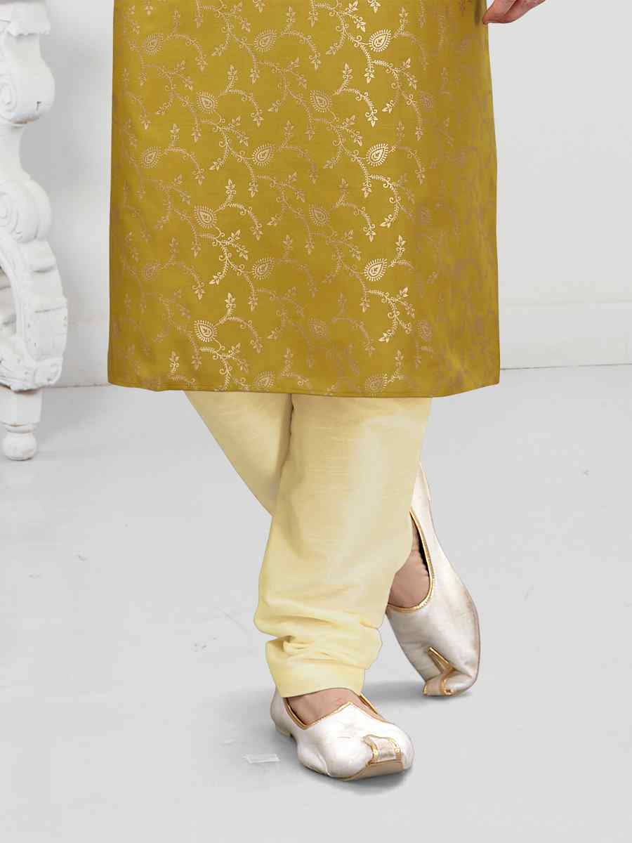 Mustard Yellow Cotton Woven Festival Wedding Kurta