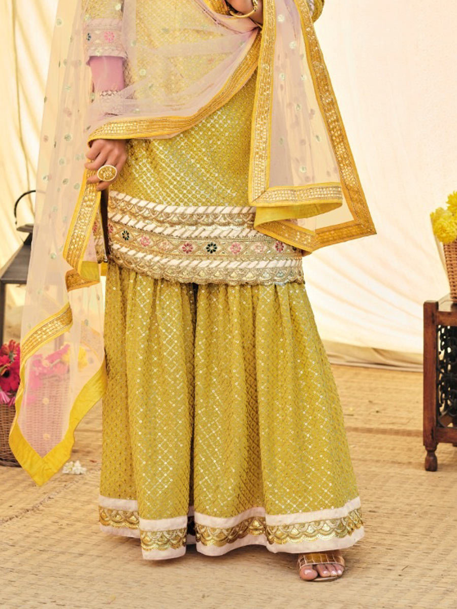 Mustard Yellow Faux Georgette Embroidered Party Palazzo Pant Kameez