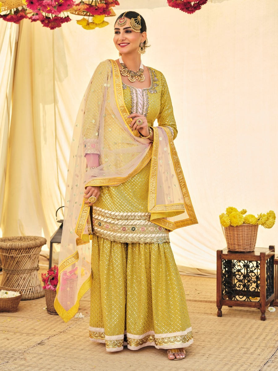 Mustard Yellow Faux Georgette Embroidered Party Palazzo Pant Kameez