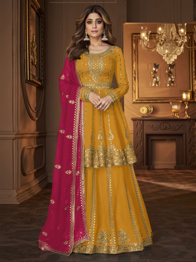 Mustard Yellow Faux Georgette Embroidered Party Sharara Pant Kameez