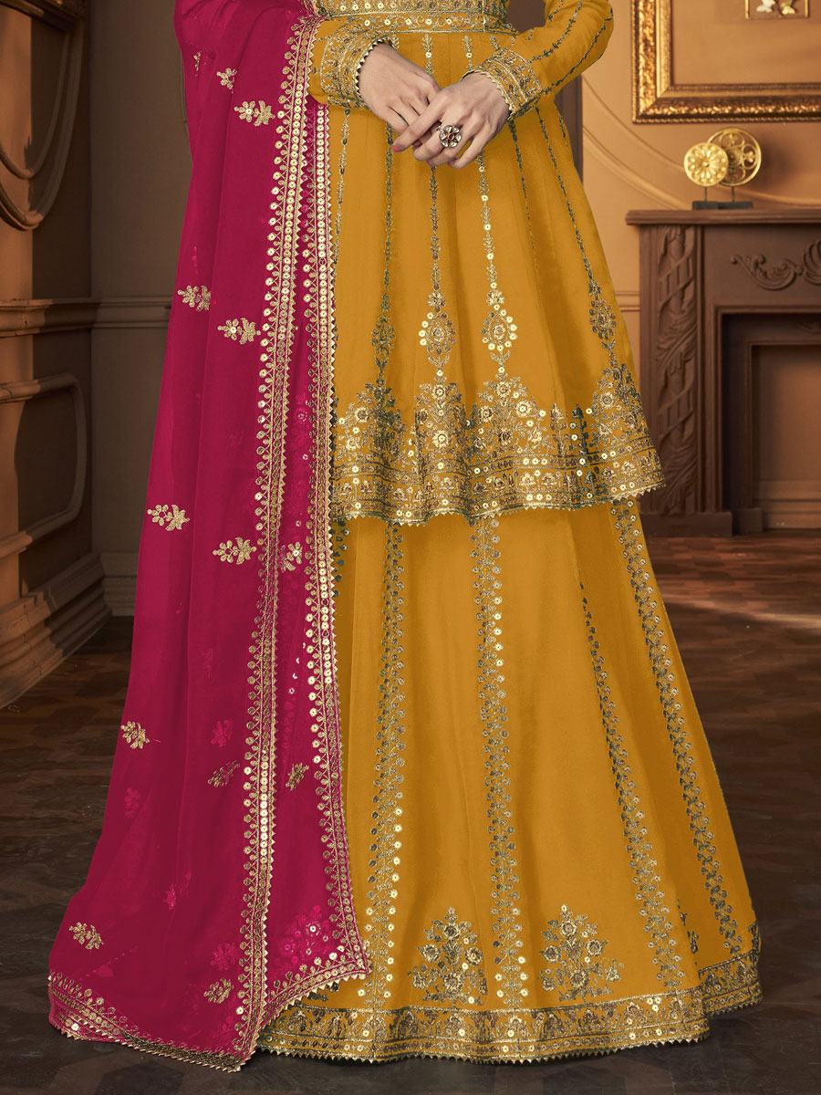 Mustard Yellow Faux Georgette Embroidered Party Sharara Pant Kameez