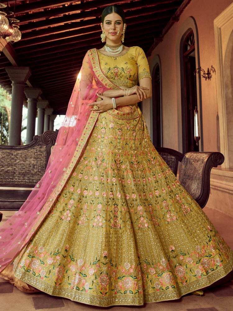 Mustard Yellow Organza Embroidered Wedding Lehenga Choli