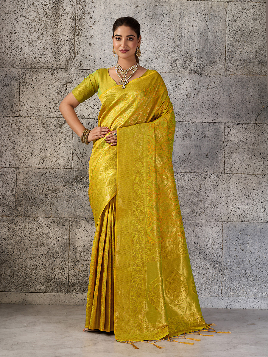 Mustard Yellow Silk Blend Kanjivaram Wedding Reception Party Festival Casual Heavy Border Sarees