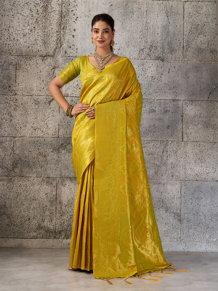 Image of Mustard Yellow Silk Blend Kanjivaram Wedding Reception Party Festival Casual Heavy Border Sarees