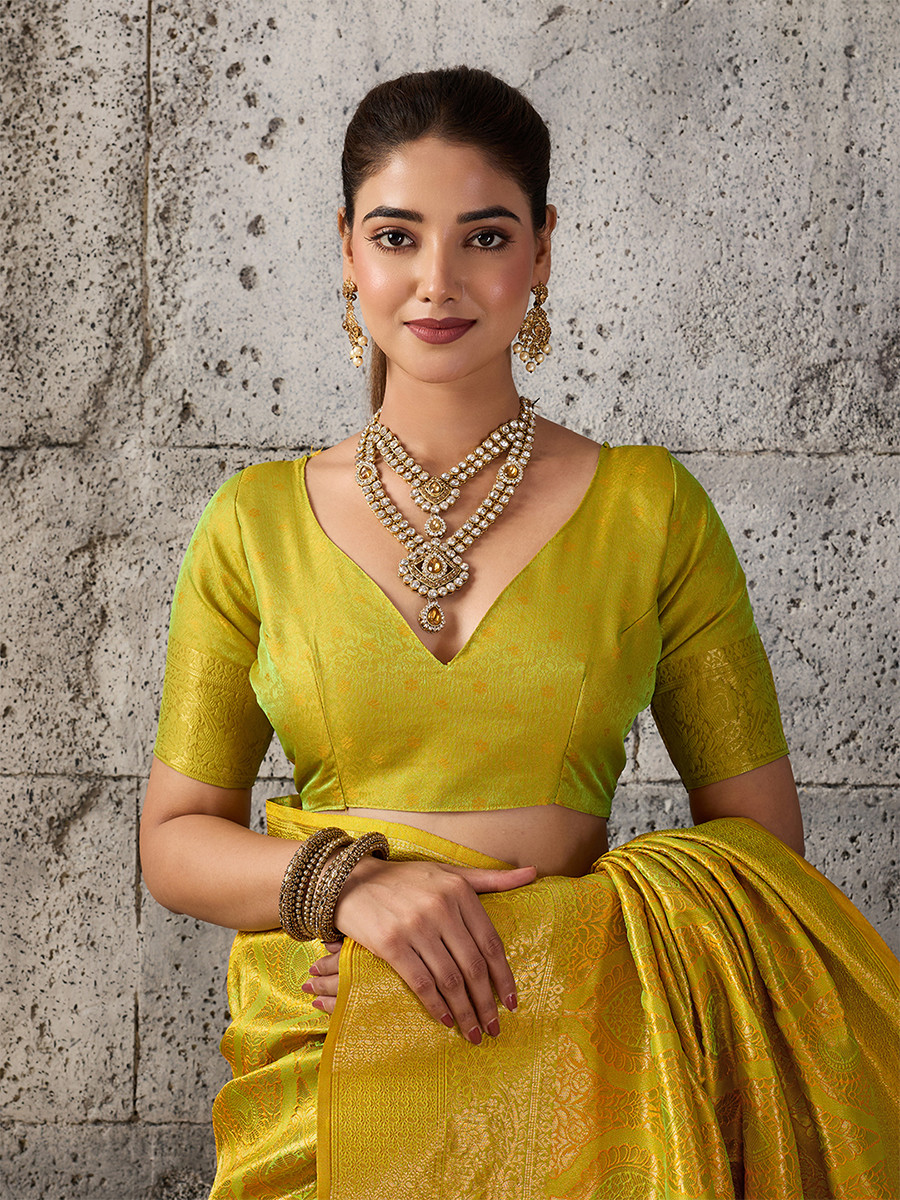 Mustard Yellow Silk Blend Kanjivaram Wedding Reception Party Festival Casual Heavy Border Sarees