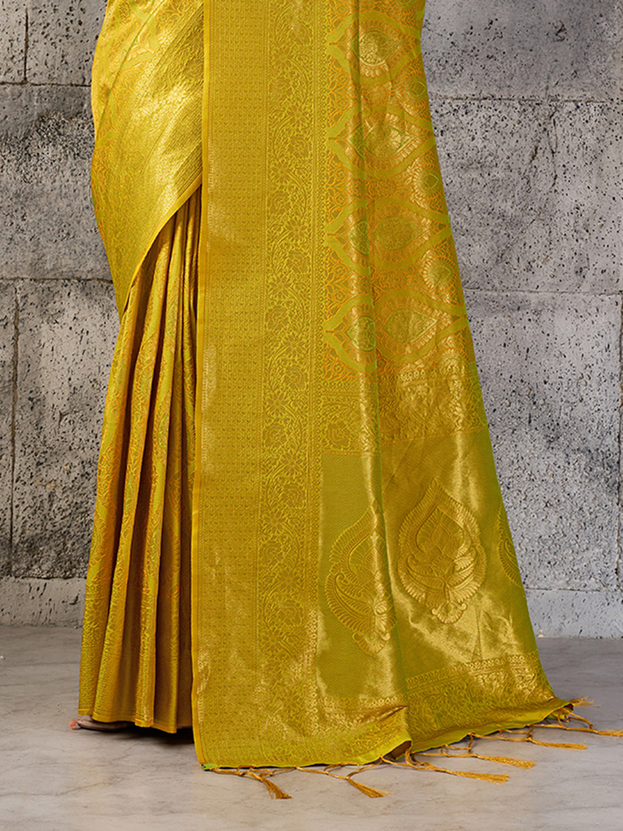 Mustard Yellow Silk Blend Kanjivaram Wedding Reception Party Festival Casual Heavy Border Sarees
