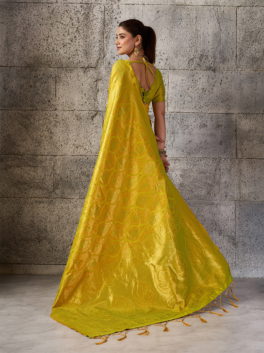 Mustard Yellow Silk Blend Kanjivaram Wedding Reception Party Festival Casual Heavy Border Sarees