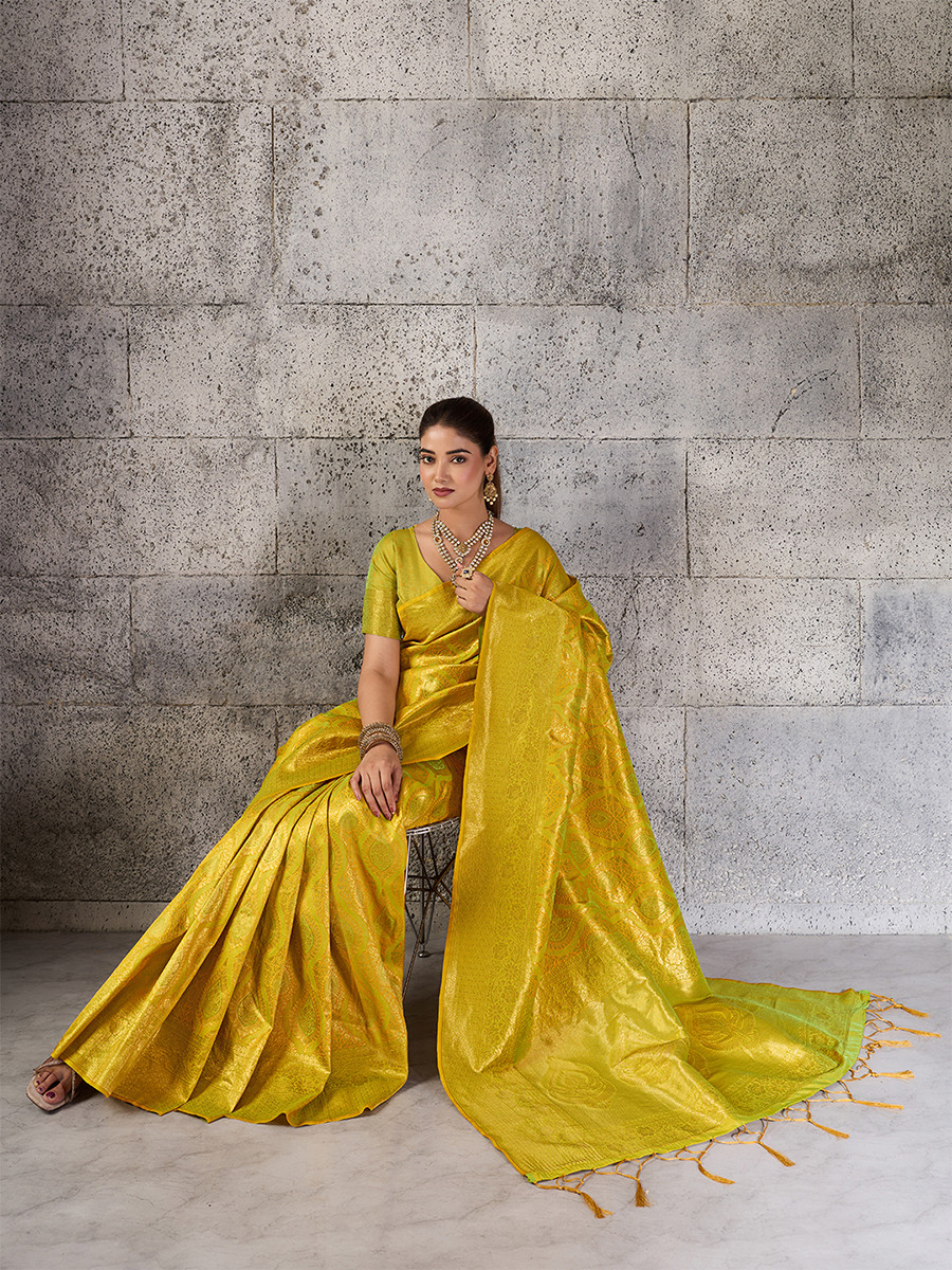 Mustard Yellow Silk Blend Kanjivaram Wedding Reception Party Festival Casual Heavy Border Sarees