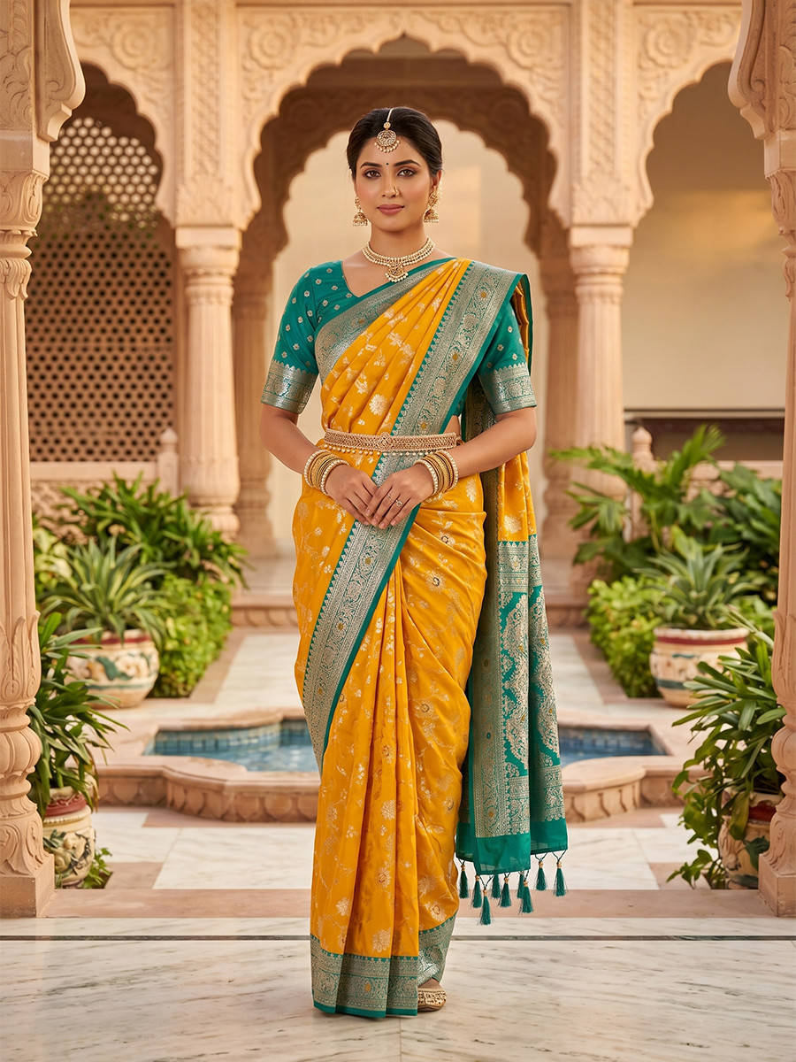 Mustard Yellow Soft Banarasi Silk Zari Weaving Meenakari Touchup Wedding Reception Party Festival Casual Heavy Border Sarees
