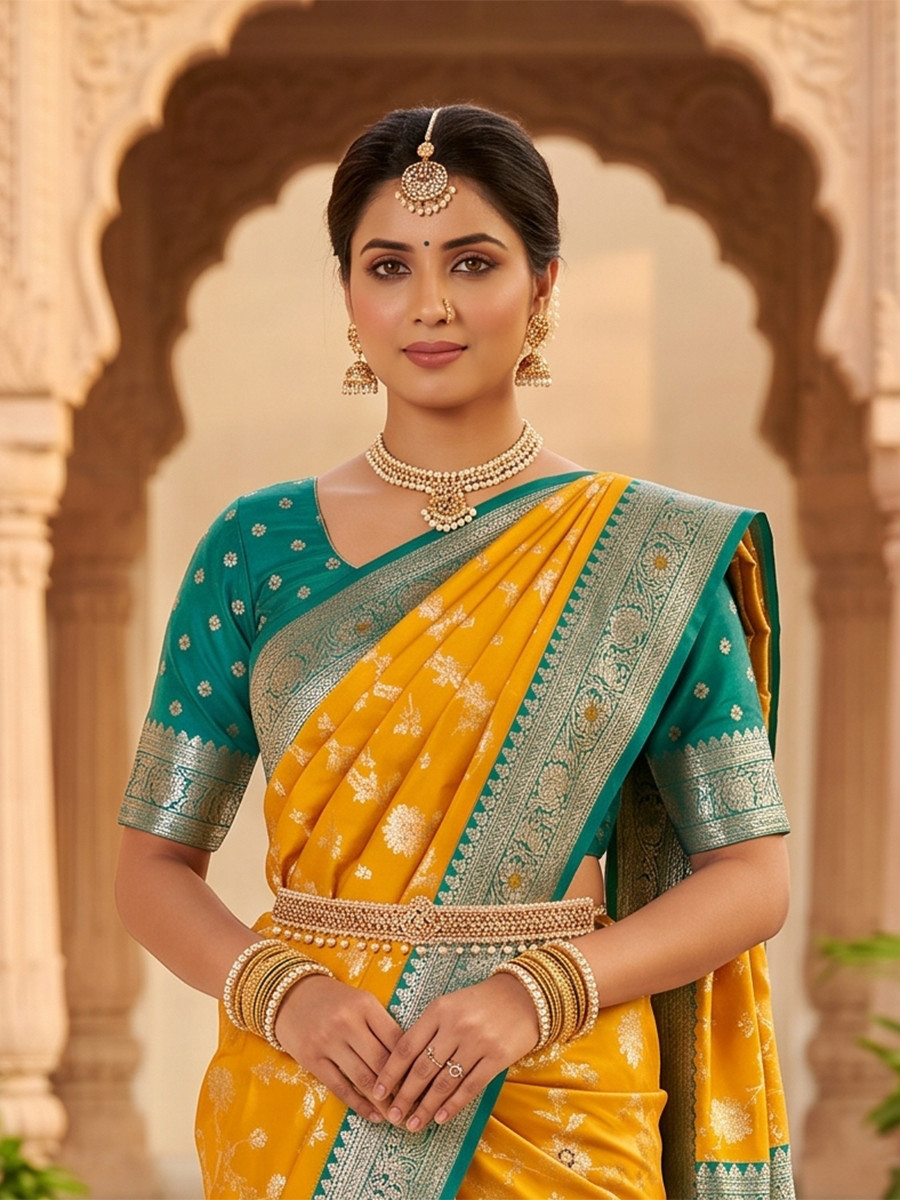Mustard Yellow Soft Banarasi Silk Zari Weaving Meenakari Touchup Wedding Reception Party Festival Casual Heavy Border Sarees