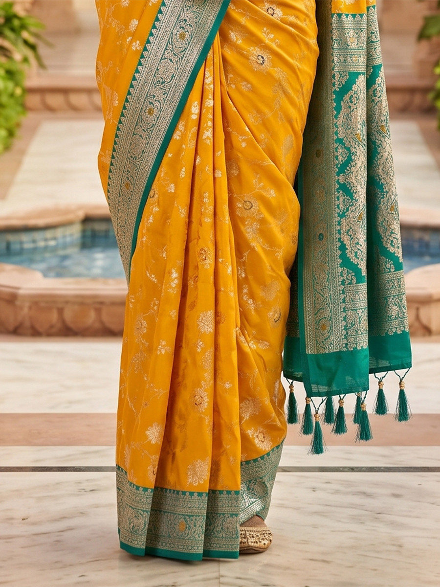 Mustard Yellow Soft Banarasi Silk Zari Weaving Meenakari Touchup Wedding Reception Party Festival Casual Heavy Border Sarees