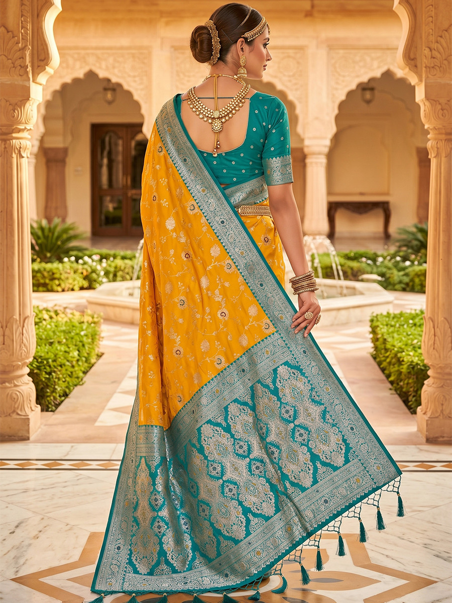 Mustard Yellow Soft Banarasi Silk Zari Weaving Meenakari Touchup Wedding Reception Party Festival Casual Heavy Border Sarees