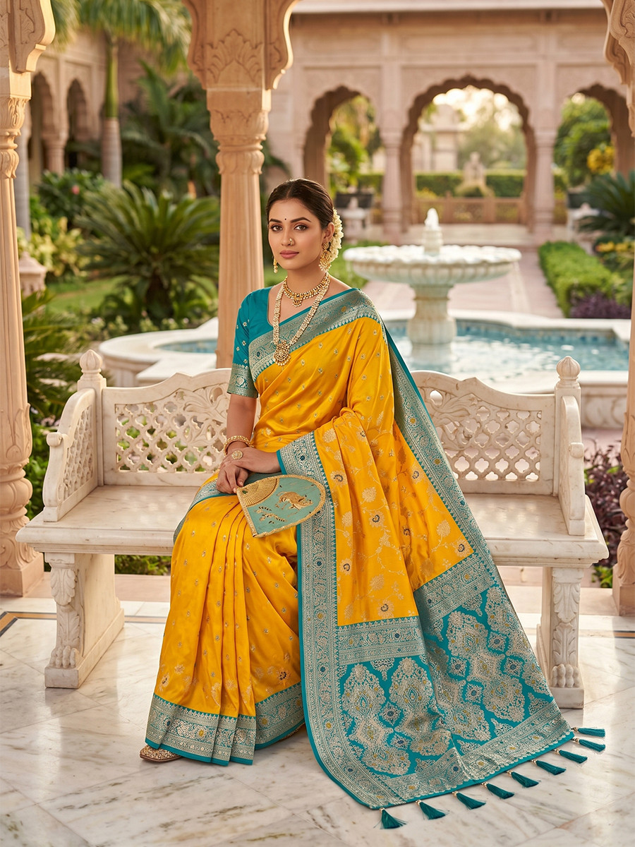 Mustard Yellow Soft Banarasi Silk Zari Weaving Meenakari Touchup Wedding Reception Party Festival Casual Heavy Border Sarees