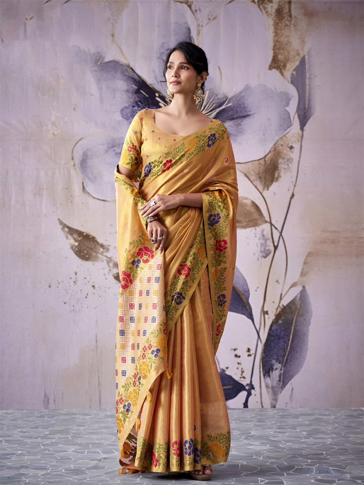 Image of Mustard Yellow Tissue Silk Handwoven Wedding Reception Party Festival Casual Heavy Border Sarees