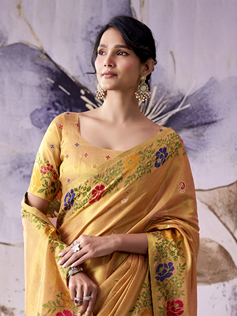 Mustard Yellow Tissue Silk Handwoven Wedding Reception Party Festival Casual Heavy Border Sarees