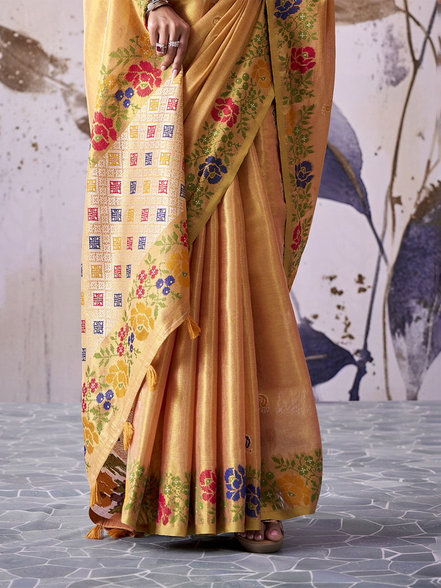 Mustard Yellow Tissue Silk Handwoven Wedding Reception Party Festival Casual Heavy Border Sarees