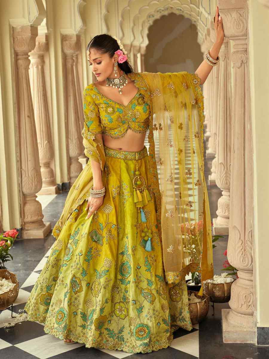 Mustared And Green Heavy Pure Silk Embroidered Wedding Reception Festival Heavy Border Lehenga Choli