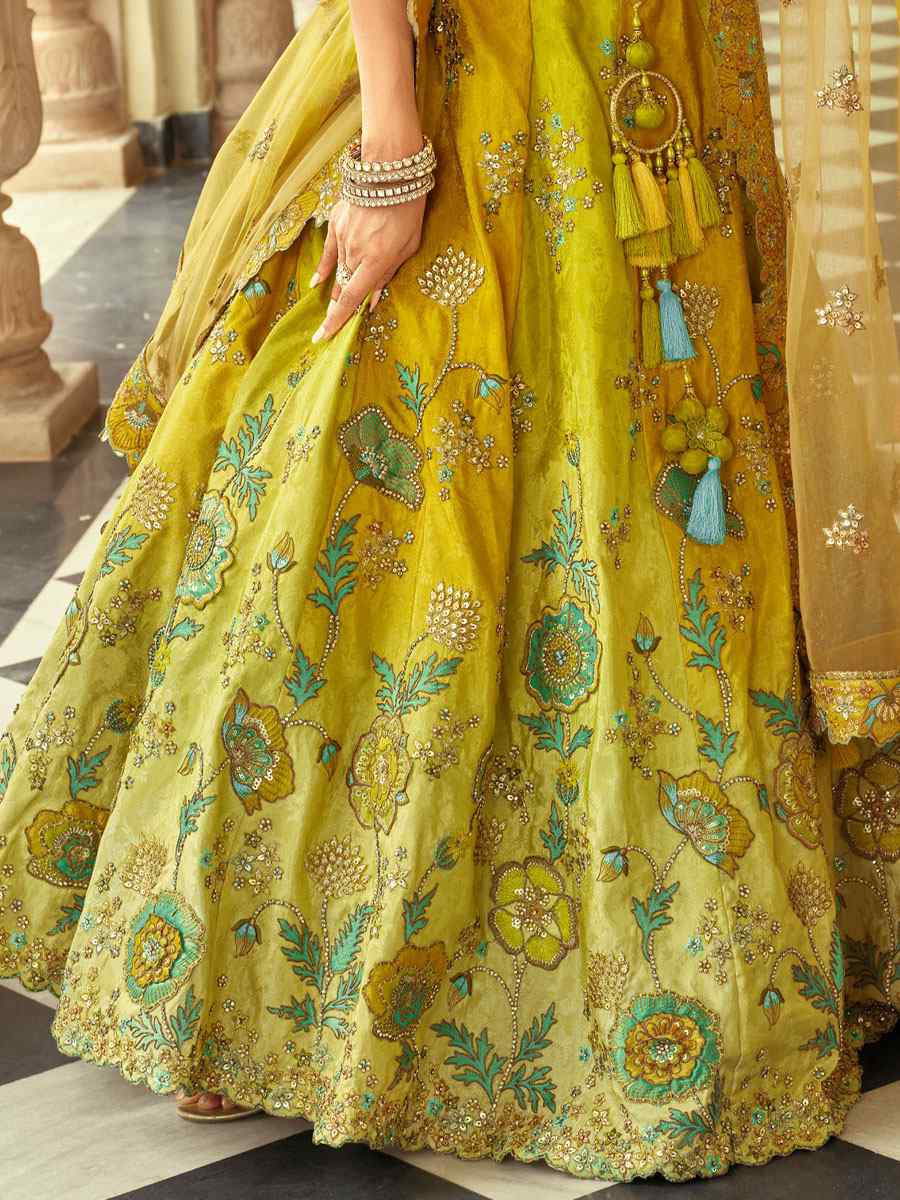 Mustared And Green Heavy Pure Silk Embroidered Wedding Reception Festival Heavy Border Lehenga Choli
