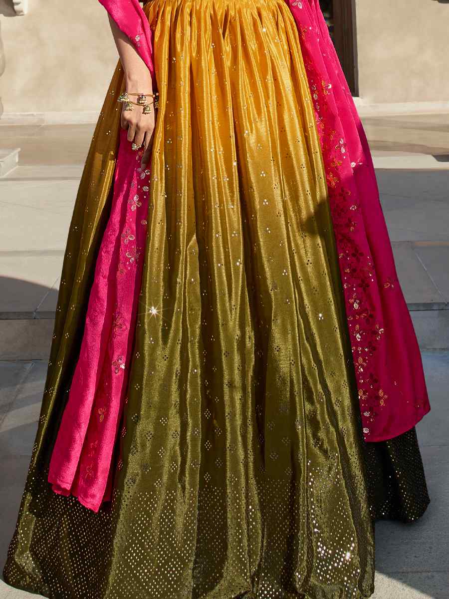 Mustared Olive Chinon Silk Embroidered Mehendi Wedding Heavy Border Lehenga Choli