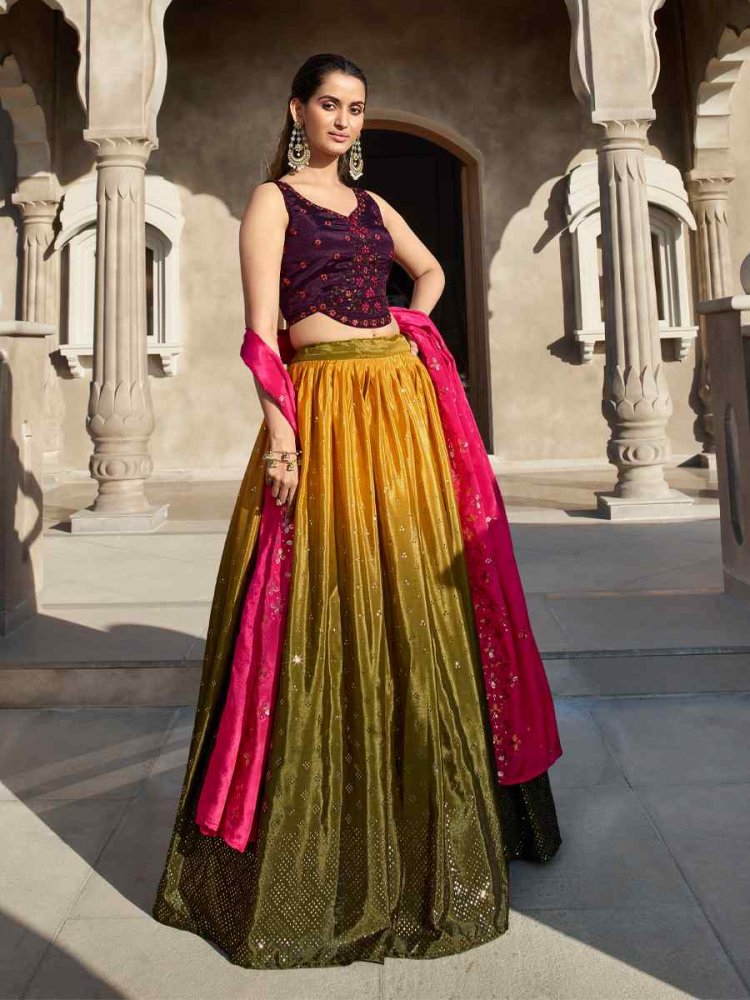 Mustared Olive Chinon Silk Embroidered Mehendi Wedding Heavy Border Lehenga Choli