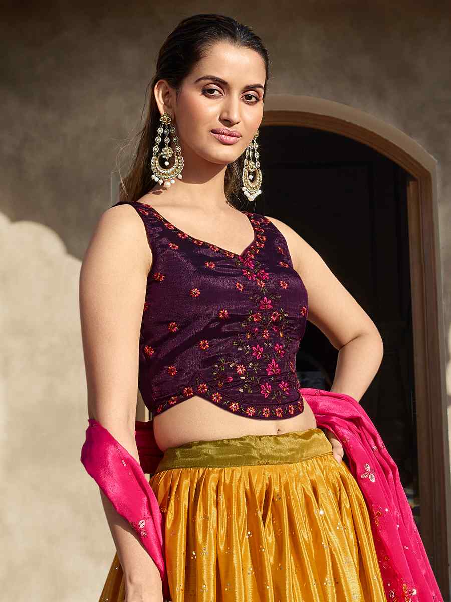 Mustared Olive Chinon Silk Embroidered Mehendi Wedding Heavy Border Lehenga Choli