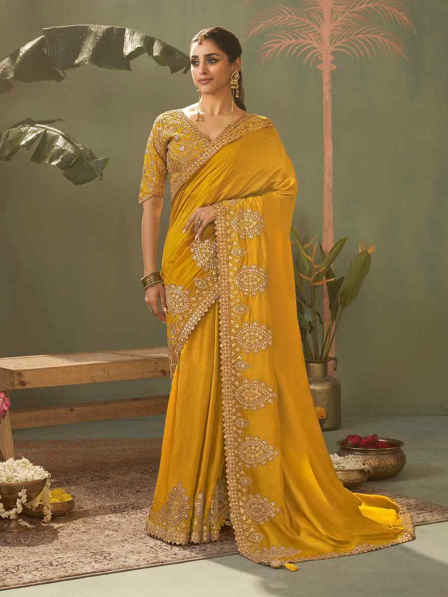 Mustared Premium Silk Embroidery Festival Wedding Fancy Classic Heavy Border Saree