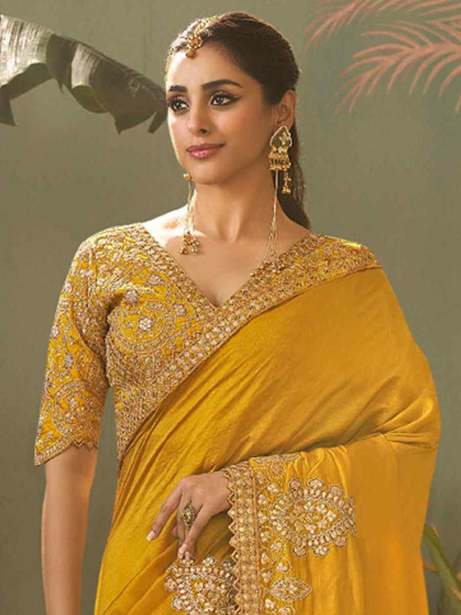 Mustared Premium Silk Embroidery Festival Wedding Fancy Classic Heavy Border Saree