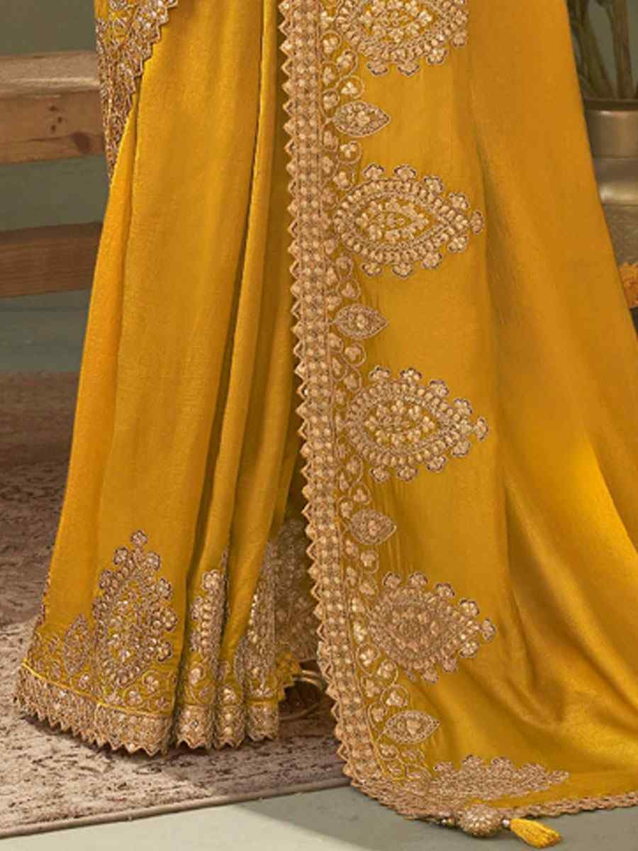Mustared Premium Silk Embroidery Festival Wedding Fancy Classic Heavy Border Saree