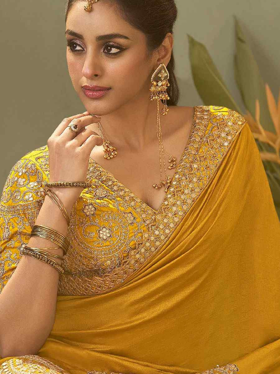 Mustared Premium Silk Embroidery Festival Wedding Fancy Classic Heavy Border Saree