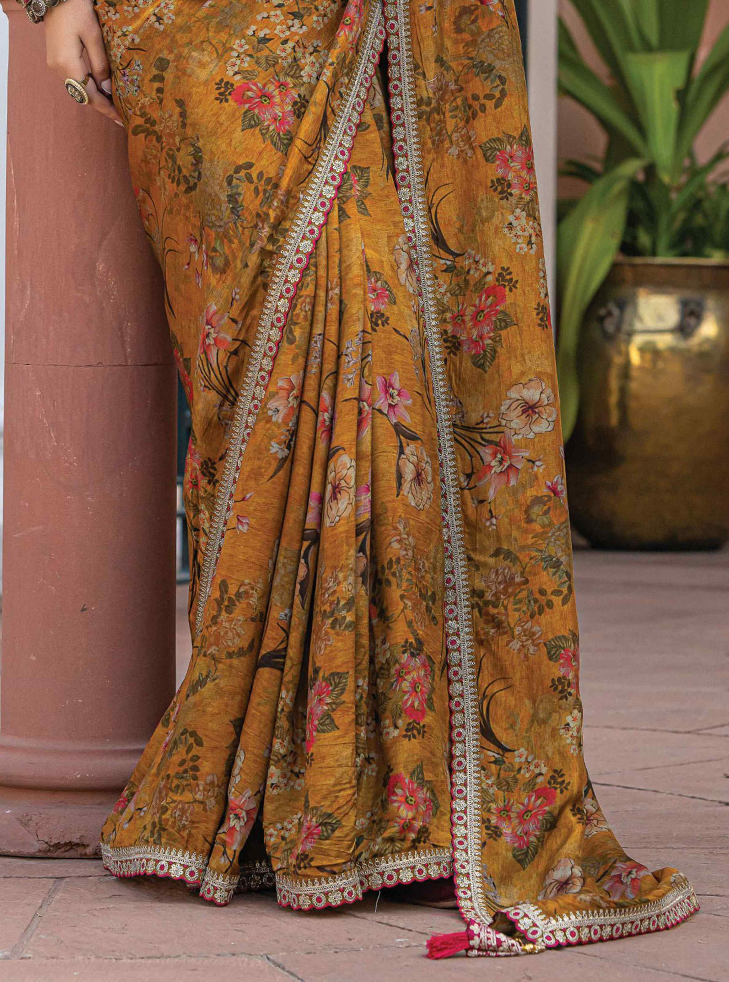Mustared Pure Viscose Dola Silk Embroidery Casual Festival Party Heavy Border Sarees