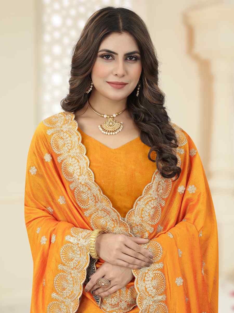 Musterd Heavy Vichitra Silk Embroidered Wedding Festival Heavy Border Saree