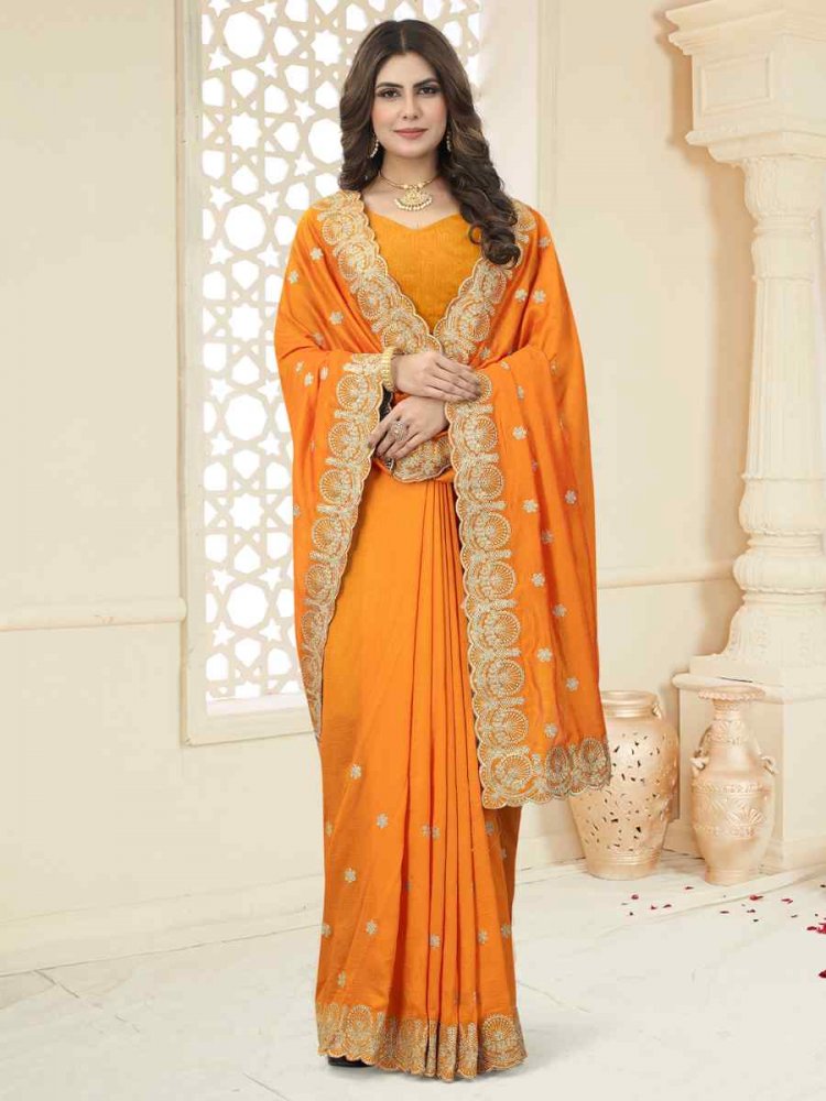 Musterd Heavy Vichitra Silk Embroidered Wedding Festival Heavy Border Saree