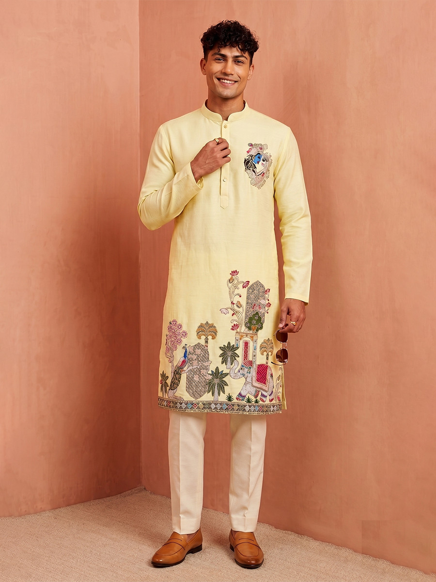 Mustered Yellow Polystar Satin Mix Silk Embroidery Beads Wedding Party Festival Casual Mens Wear Kurta