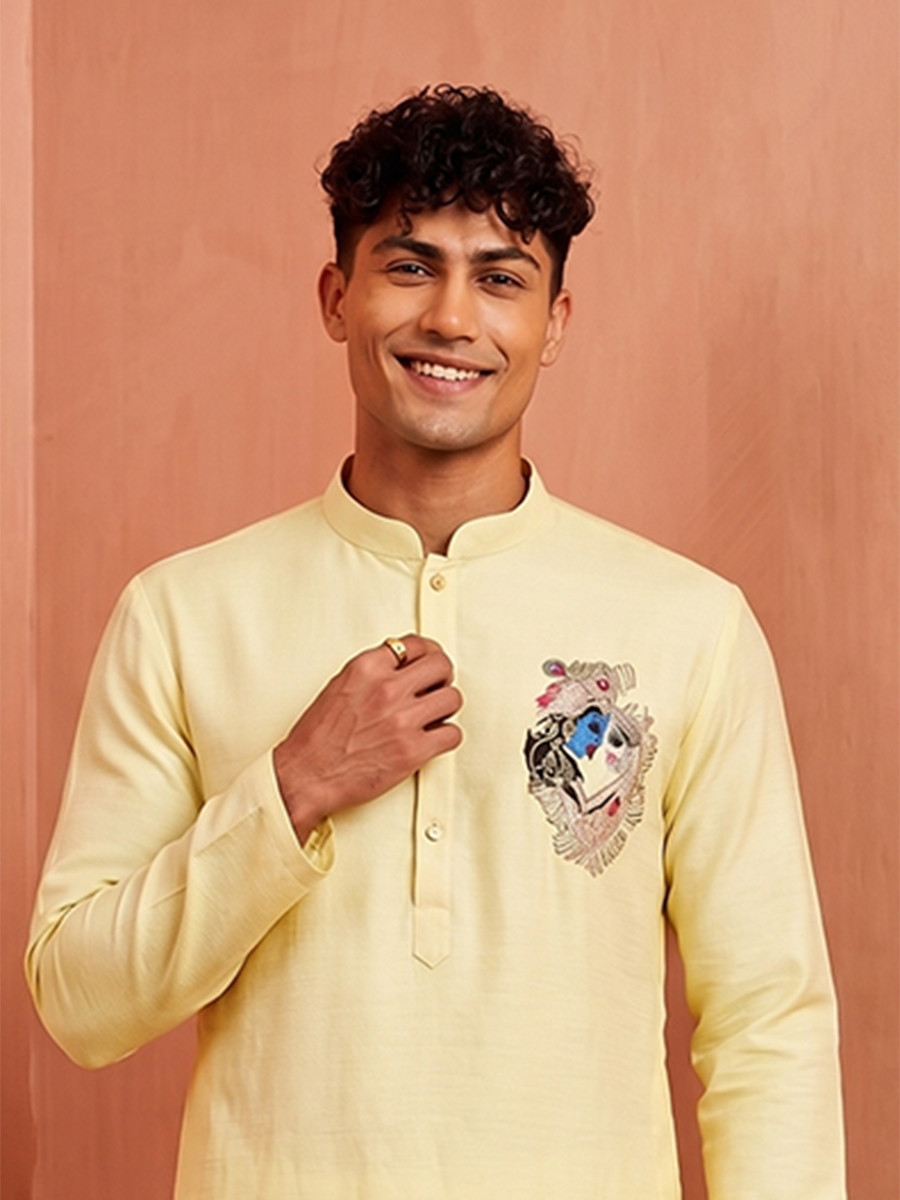 Mustered Yellow Polystar  Satin Mix Silk Embroidery Beads Wedding Party Festival Casual Mens Wear Kurta