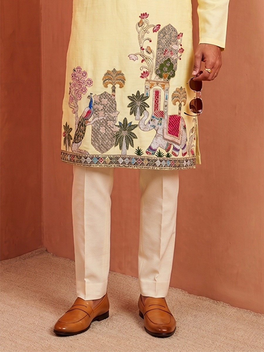 Mustered Yellow Polystar Satin Mix Silk Embroidery Beads Wedding Party Festival Casual Mens Wear Kurta