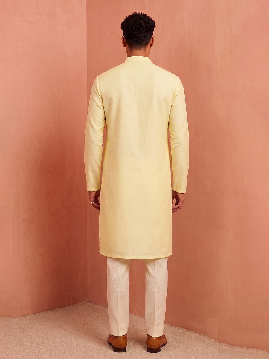 Mustered Yellow Polystar Satin Mix Silk Embroidery Beads Wedding Party Festival Casual Mens Wear Kurta