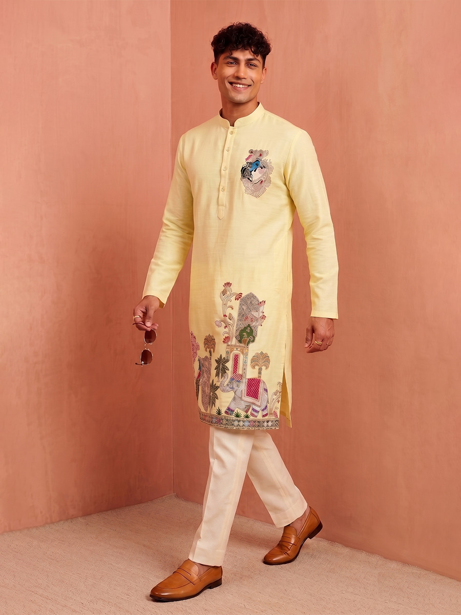Mustered Yellow Polystar  Satin Mix Silk Embroidery Beads Wedding Party Festival Casual Mens Wear Kurta