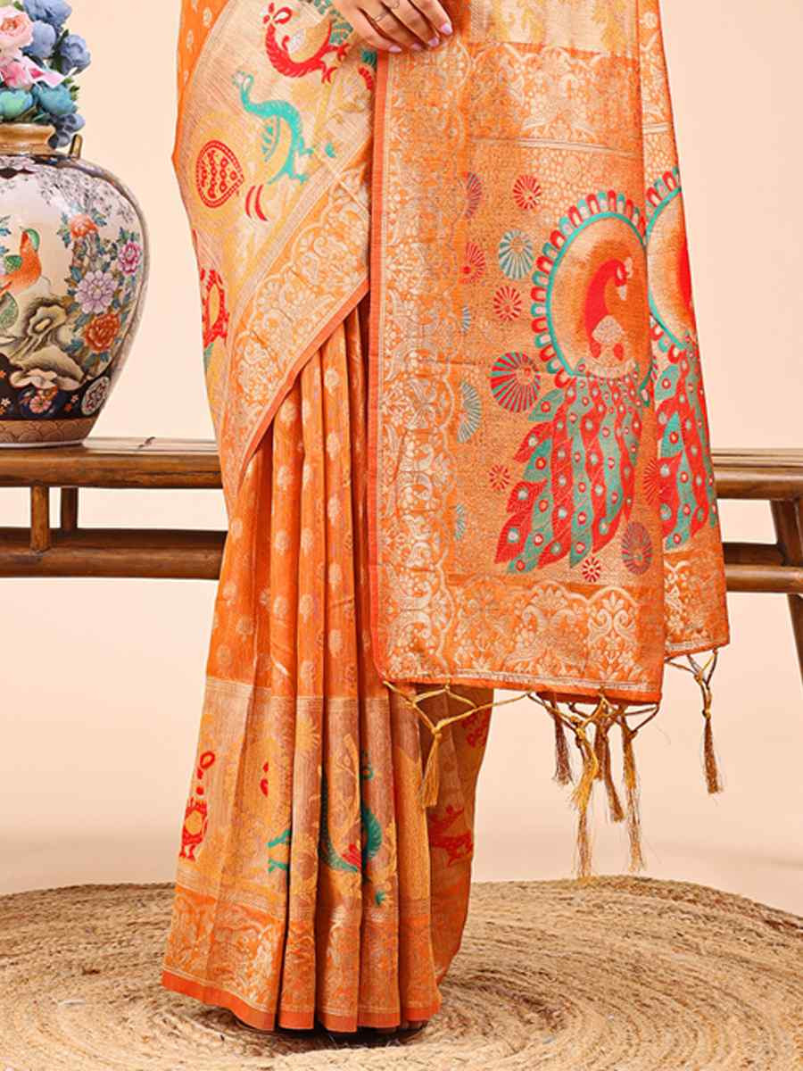 Mustrad Linen Cotton Printed Festival Wedding Fancy Heavy Border Saree