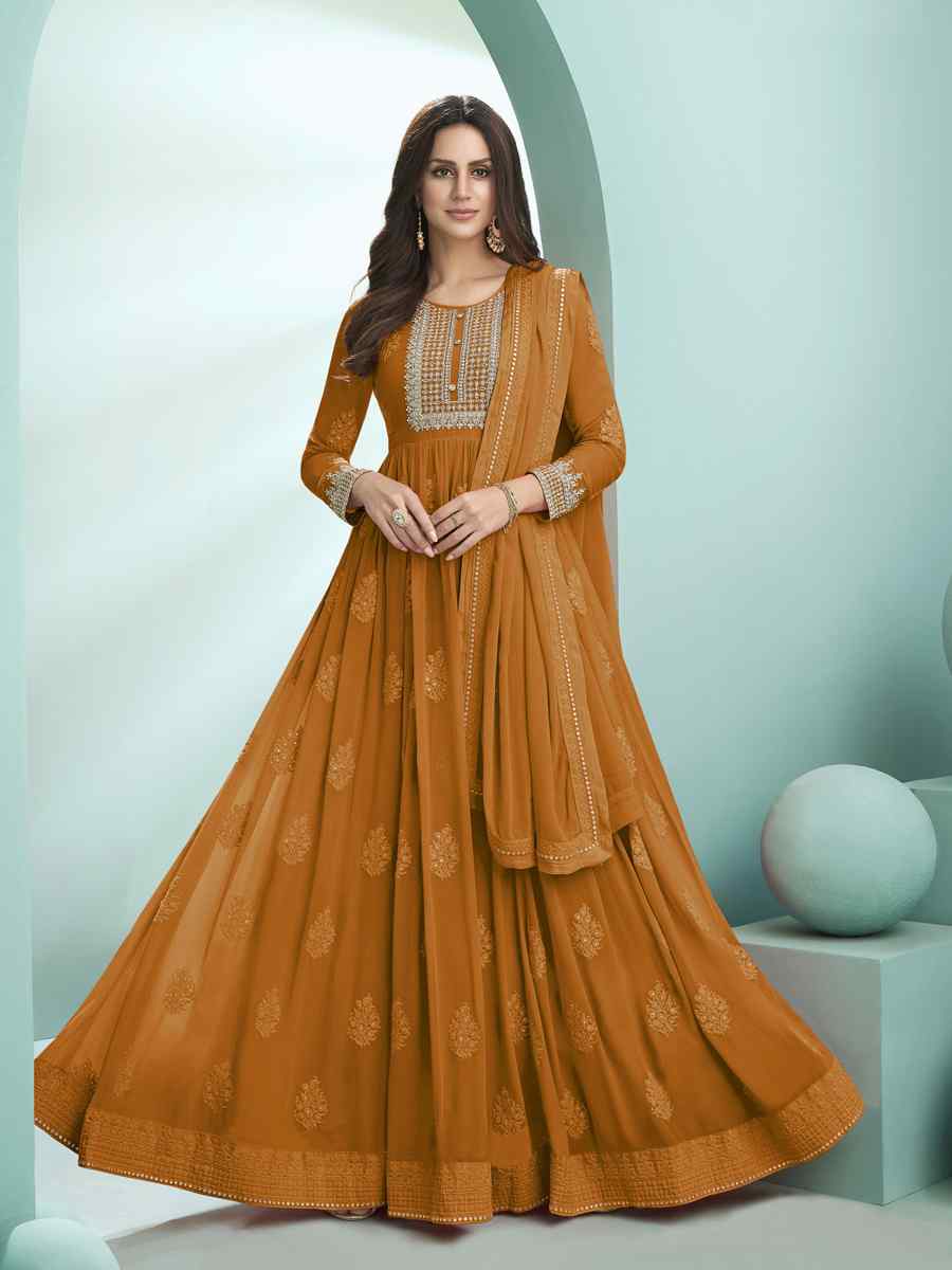 Mustrd Faux Georgette Embroidered Festival Wedding Anarkali Salwar Kameez