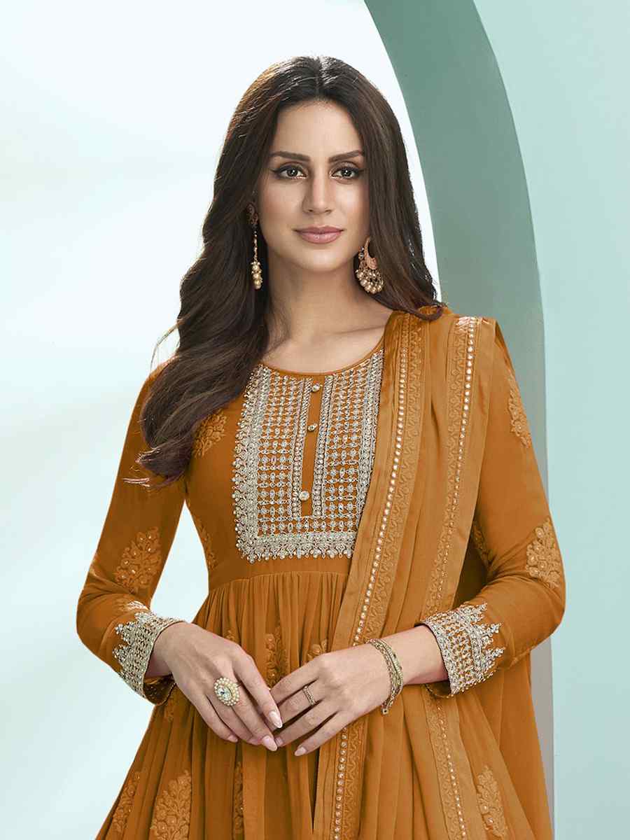 Mustrd Faux Georgette Embroidered Festival Wedding Anarkali Salwar Kameez