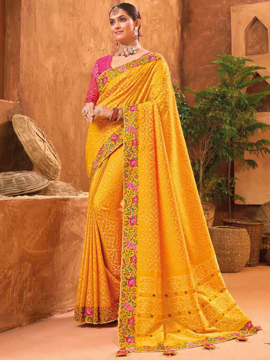 Musturd Banarasi Silk Embroidered Party Festival Heavy Border Saree