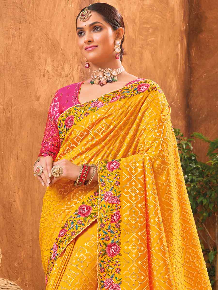 Musturd Banarasi Silk Embroidered Party Festival Heavy Border Saree