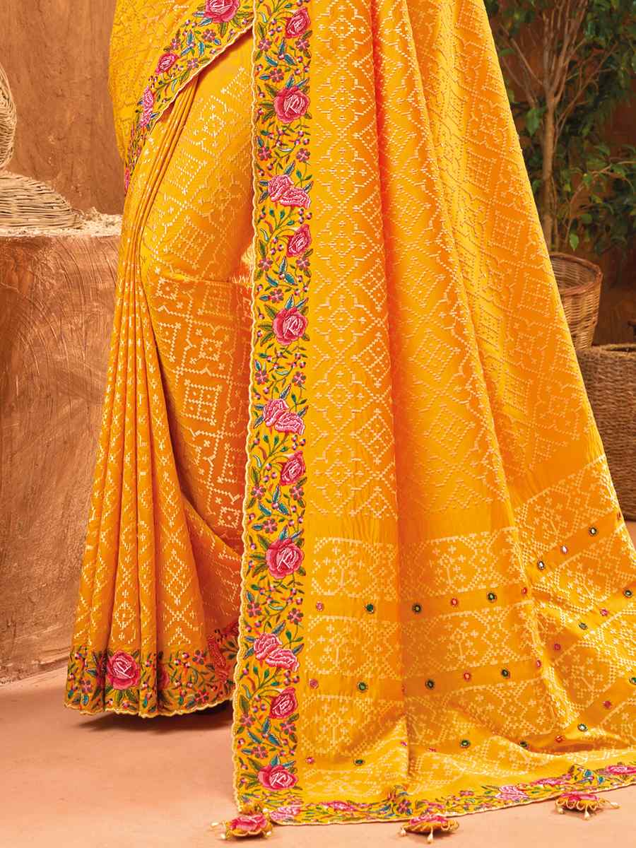 Musturd Banarasi Silk Embroidered Party Festival Heavy Border Saree