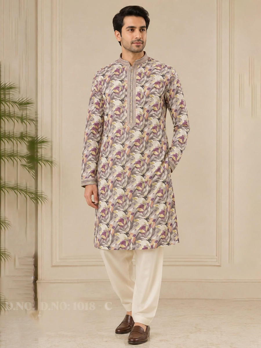 Muted Beige Art Silk Embroidery Printed Wedding Party Festival Casual Mens Wear Kurta