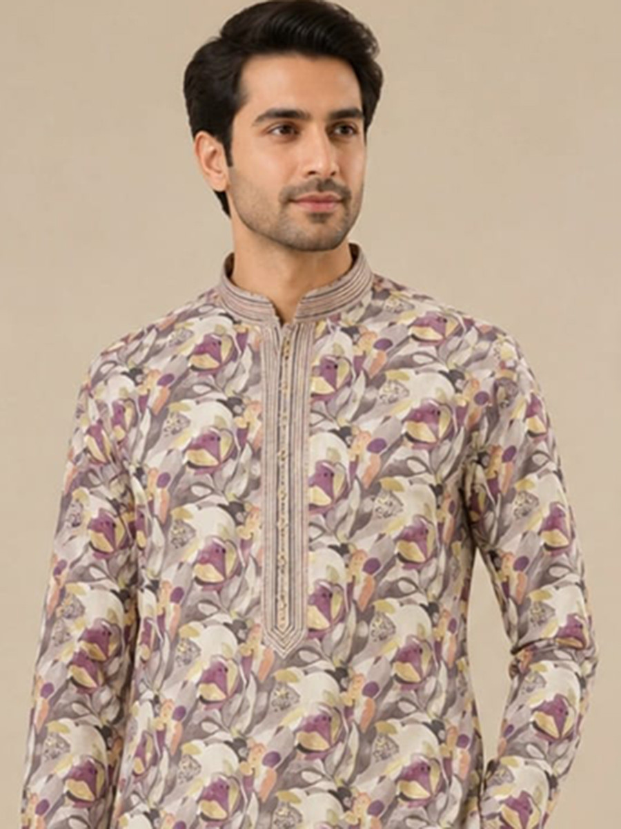 Muted Beige Art Silk Embroidery Printed Wedding Party Festival Casual Mens Wear Kurta