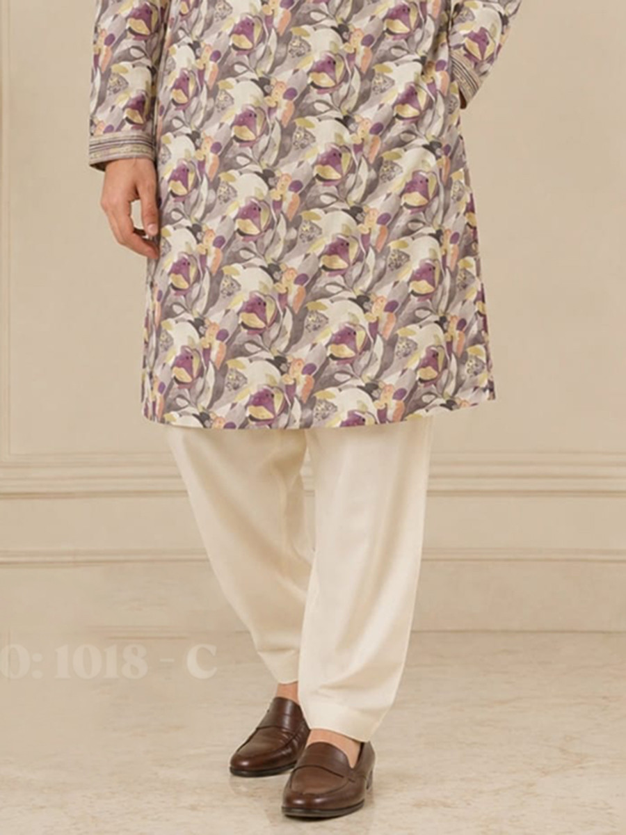 Muted Beige Art Silk Embroidery Printed Wedding Party Festival Casual Mens Wear Kurta
