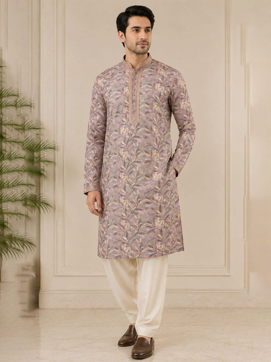 Muted Mauve Art Silk Embroidery Printed Wedding Party Festival Casual Mens Wear Kurta