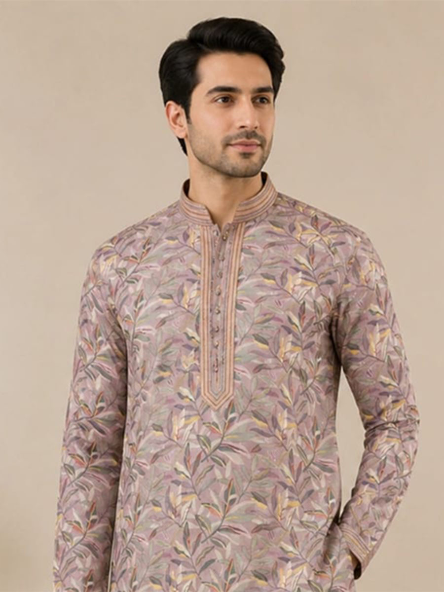 Muted Mauve Art Silk Embroidery Printed Wedding Party Festival Casual Mens Wear Kurta